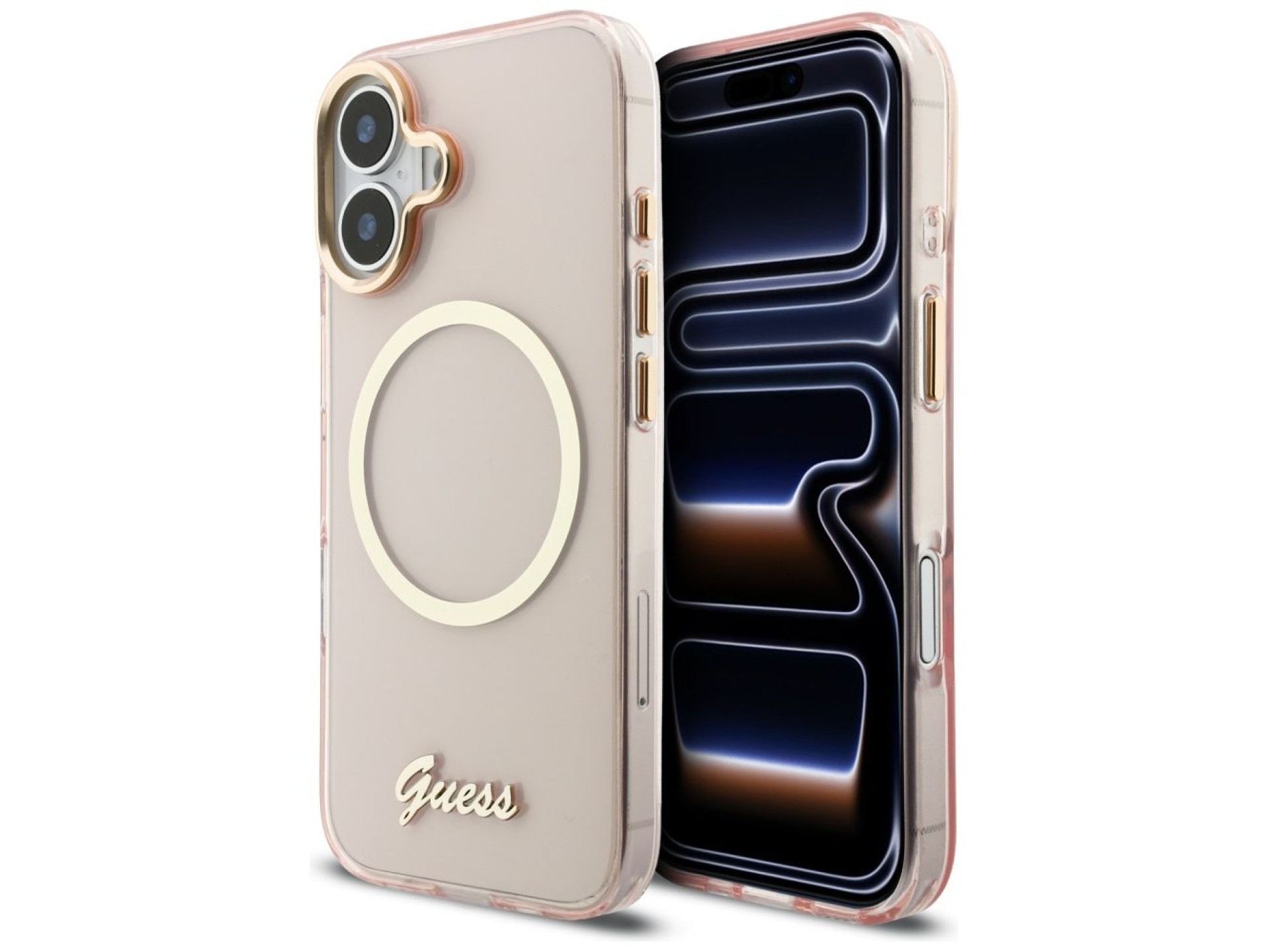 Funda metálica Guess IML Script MagSafe para iPhone 17 - Rosa