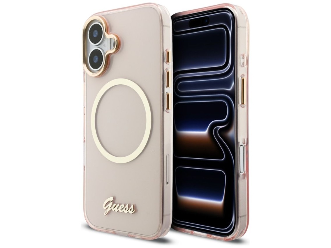 Funda metálica Guess IML Script MagSafe para iPhone 17 - Rosa