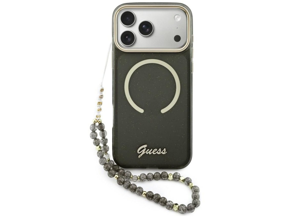 Capa Guess IML Glitters Script Strap MagSafe para iPhone 17 Pro Max - preta