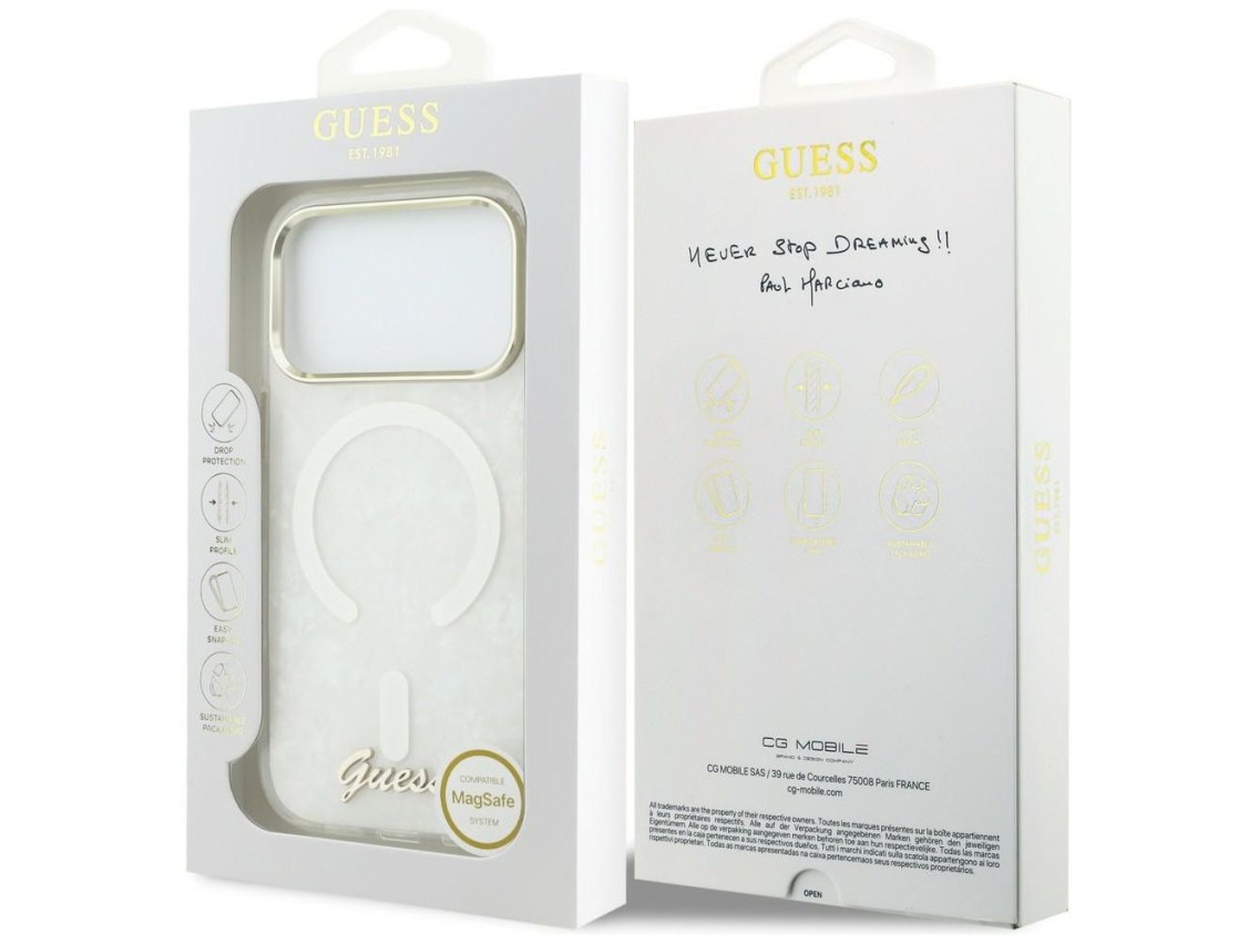 Guess IML Shell Script Metal MagSafe Case for iPhone 17 Pro Max - White