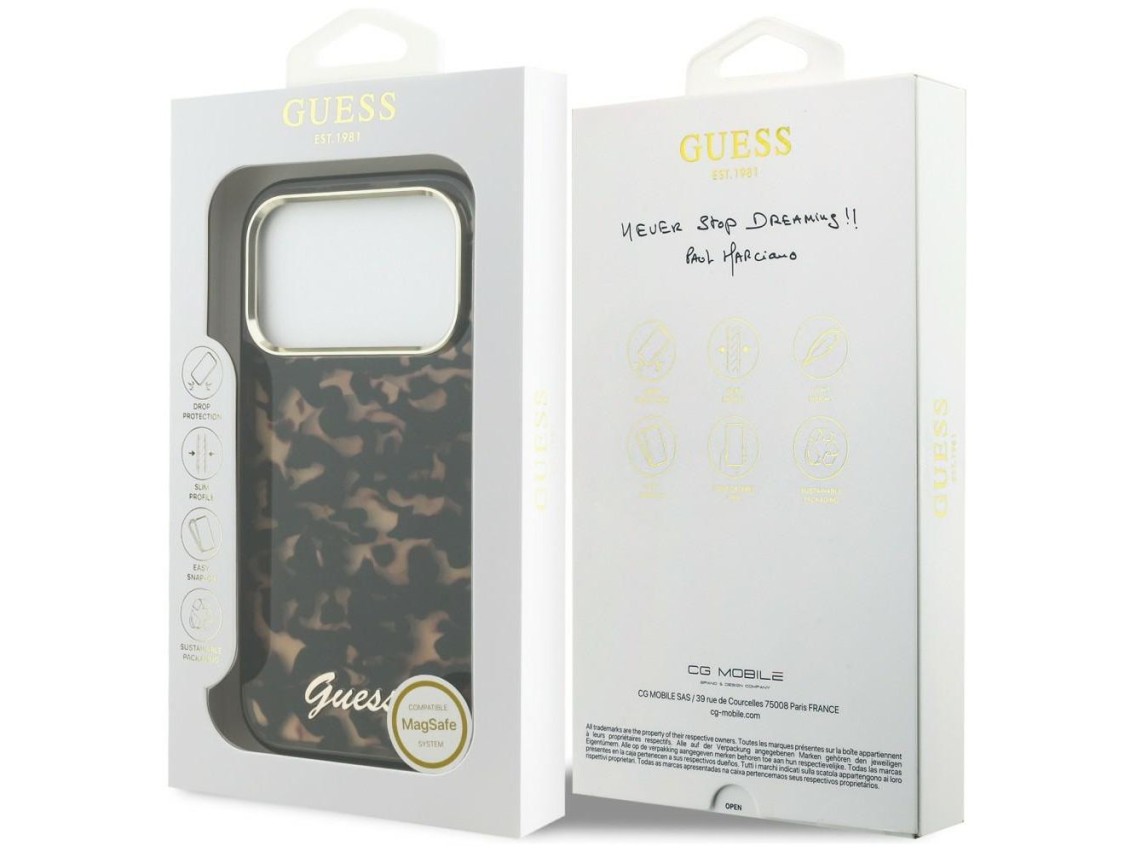 Guess IML Script Metal MagSafe Case for iPhone 17 Pro - Black and Brown