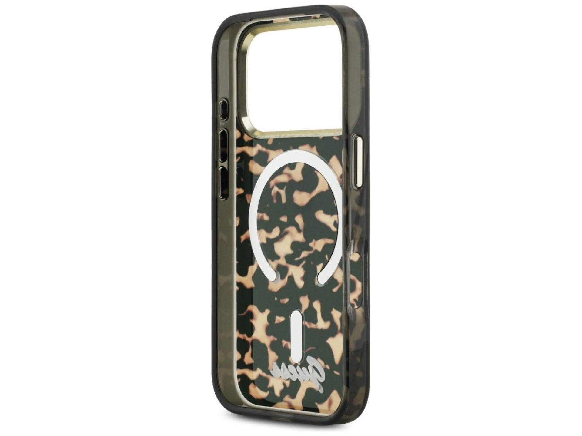 Guess IML Script Metal MagSafe Case for iPhone 17 Pro - Black and Brown