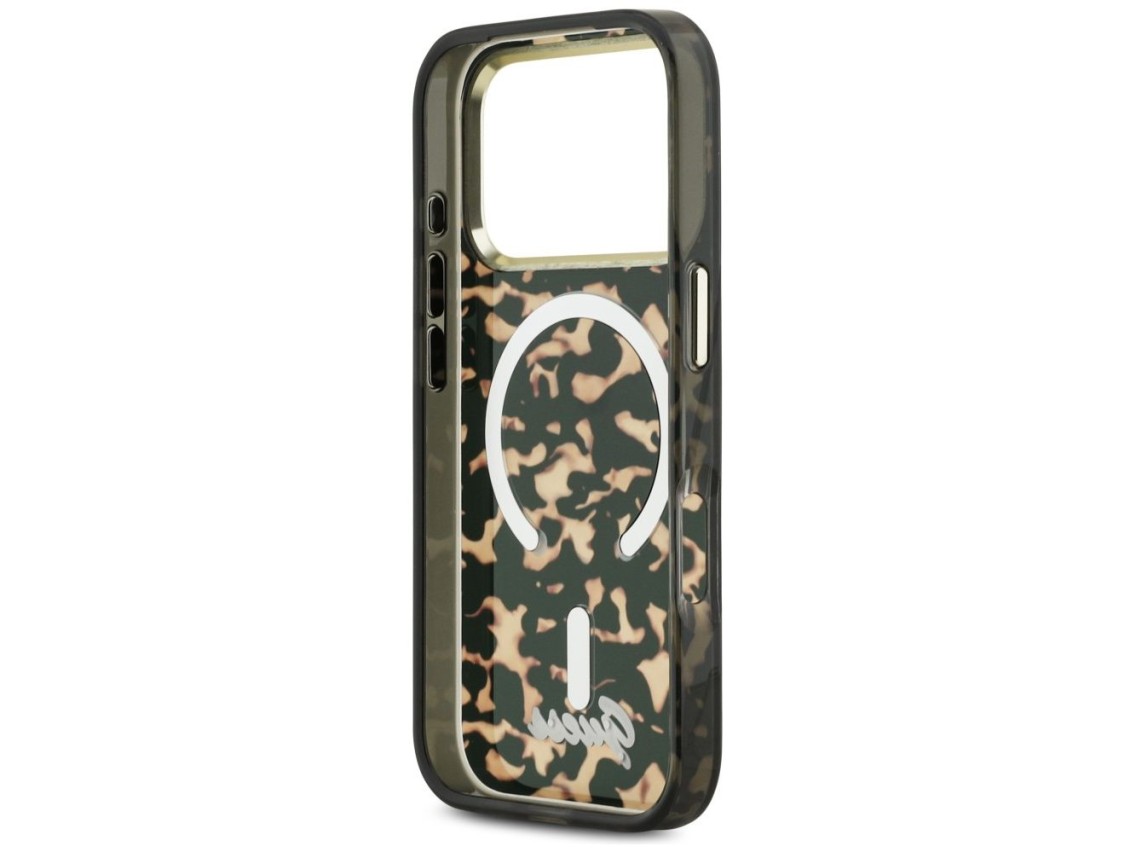 Guess IML Script Metal MagSafe Case for iPhone 17 Pro - Black and Brown