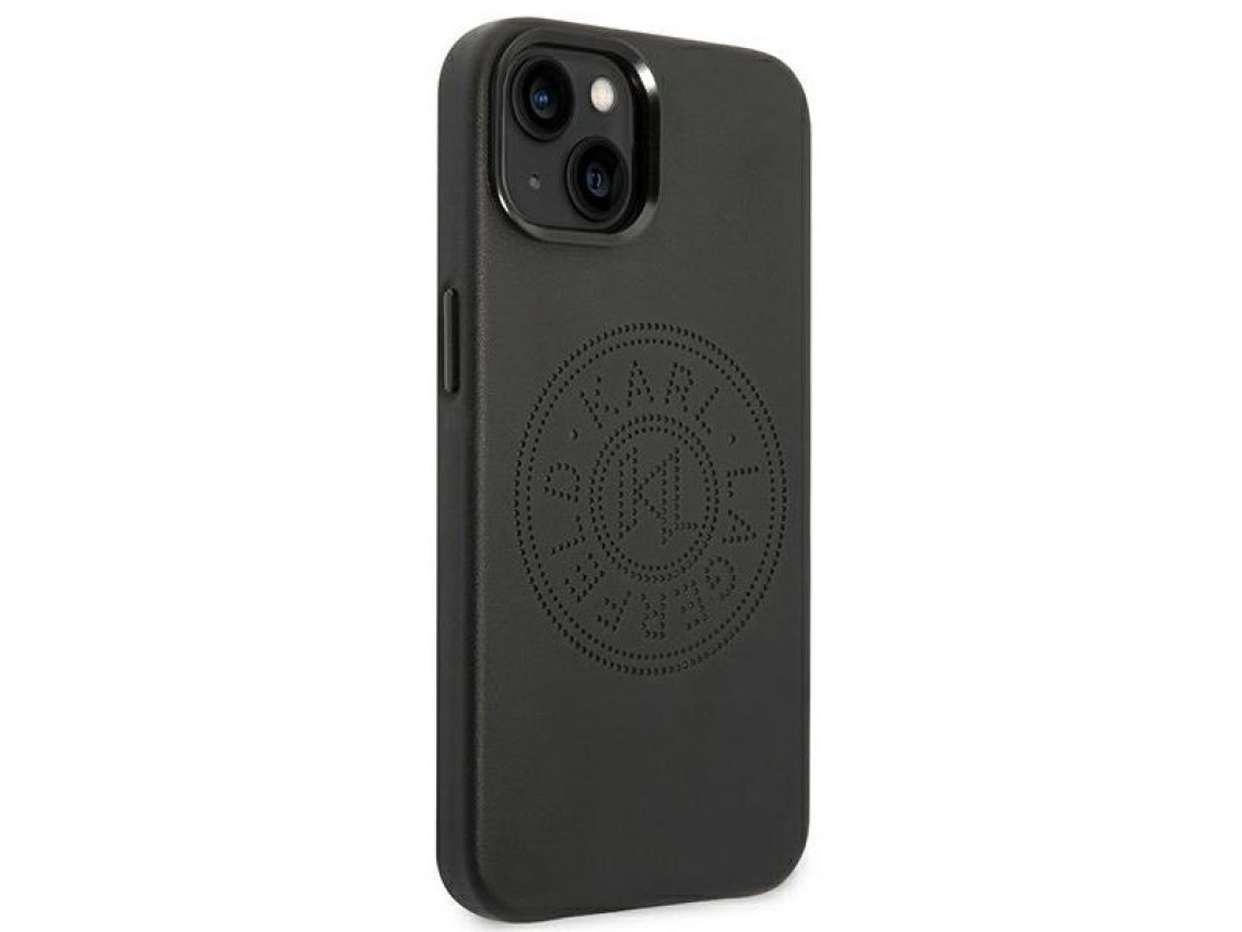 Capa de couro perfurado com o logotipo de Karl Lagerfeld para iPhone 14 Plus - Preta
