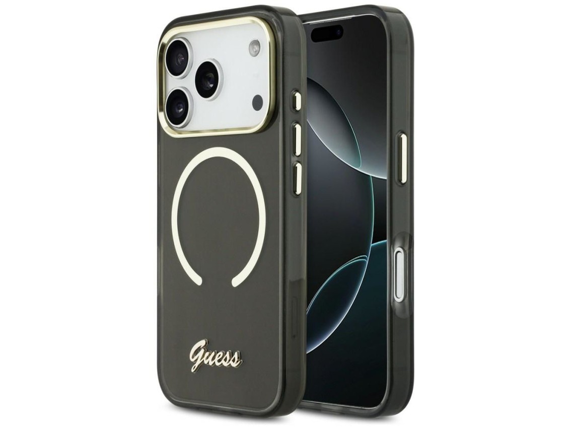 Capa MagSafe Guess IML Script Metal para iPhone 17 Pro - Preta