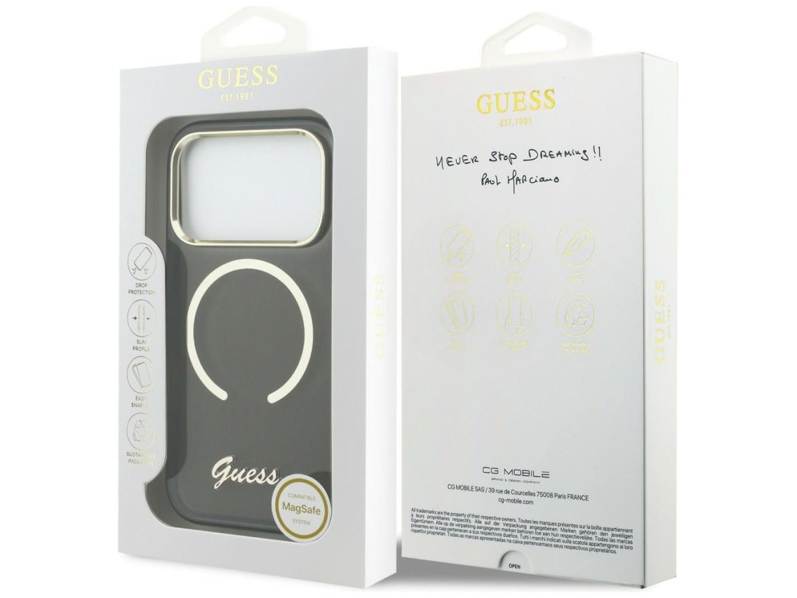 Capa MagSafe Guess IML Script Metal para iPhone 17 Pro - Preta
