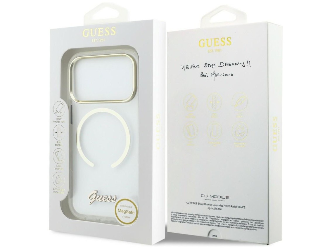 Capa MagSafe Guess IML Script Metal para iPhone 17 Pro - Transparente