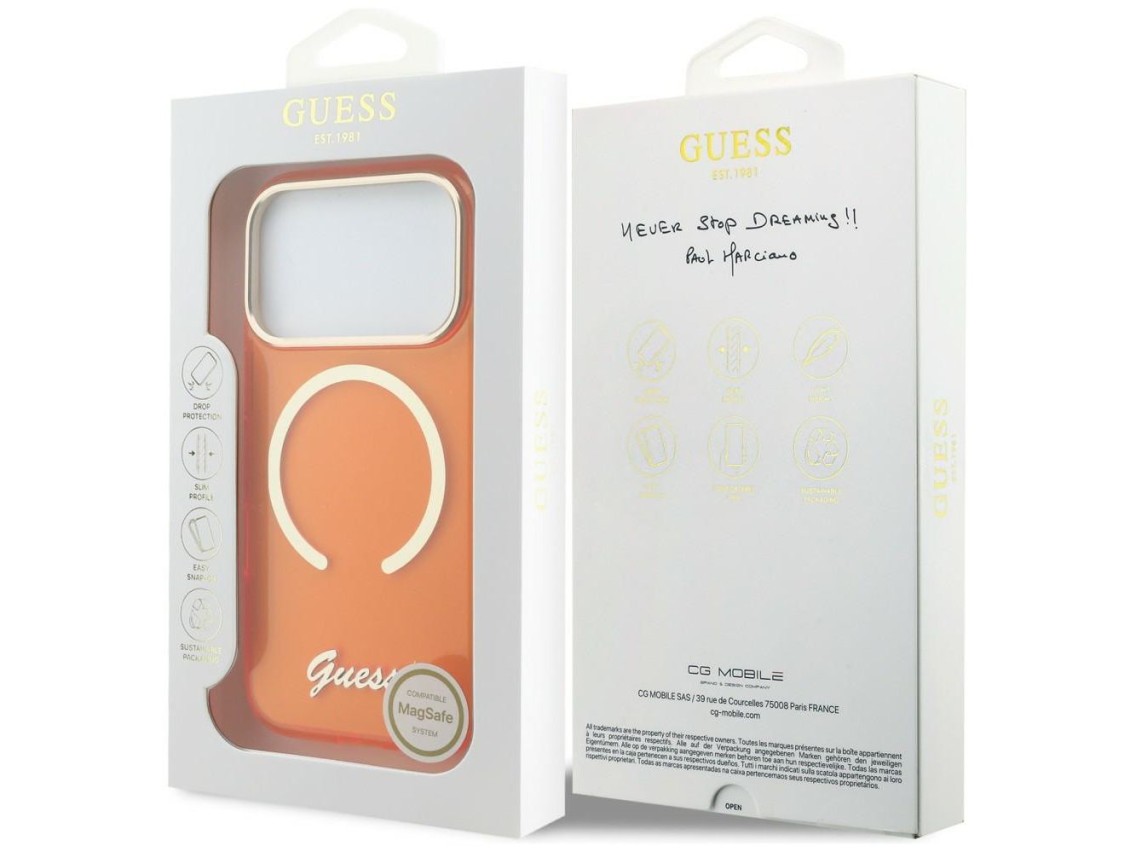 Guess IML Script Metal MagSafe Case for iPhone 17 Pro - Orange