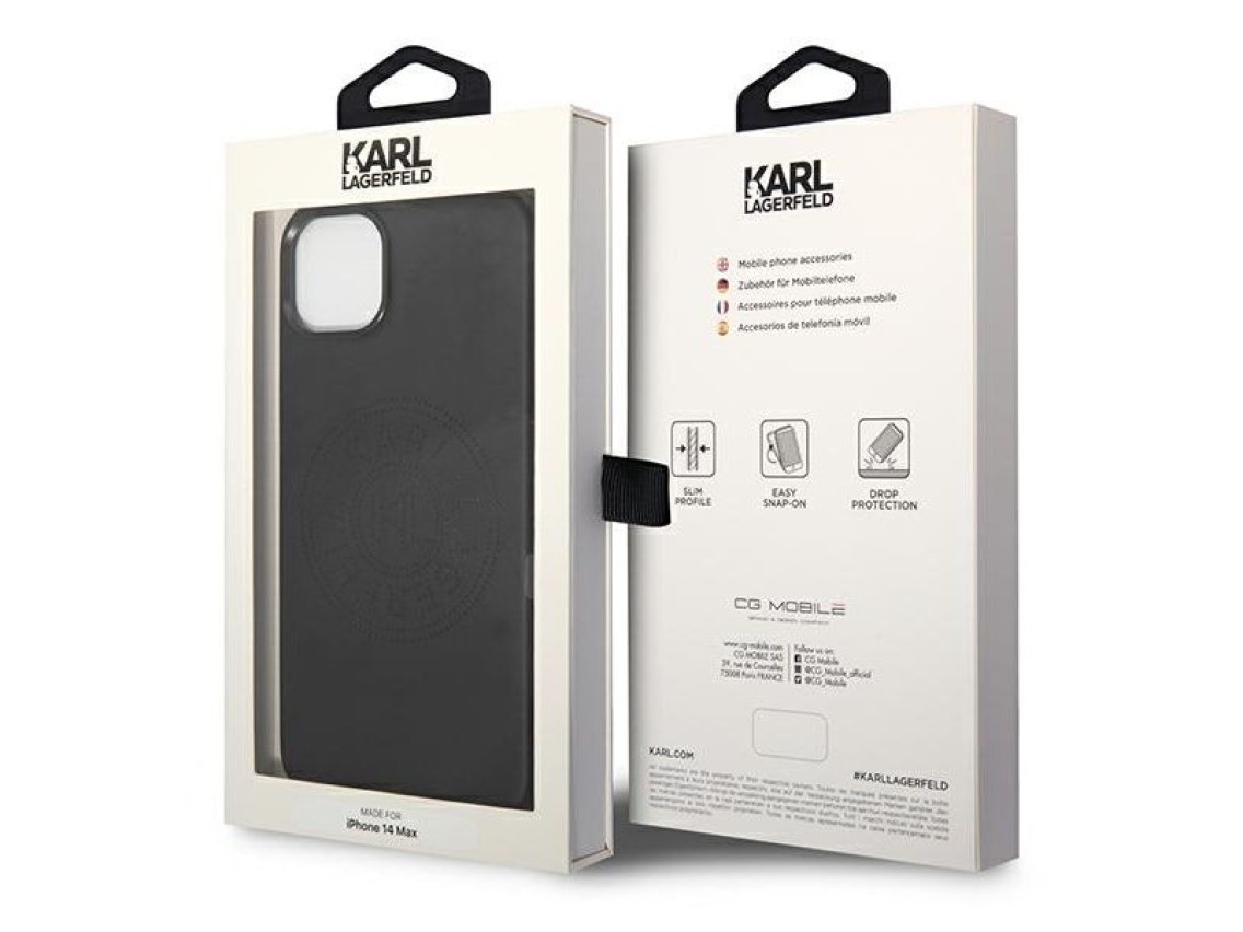Capa de couro perfurado com o logotipo de Karl Lagerfeld para iPhone 14 Plus - Preta