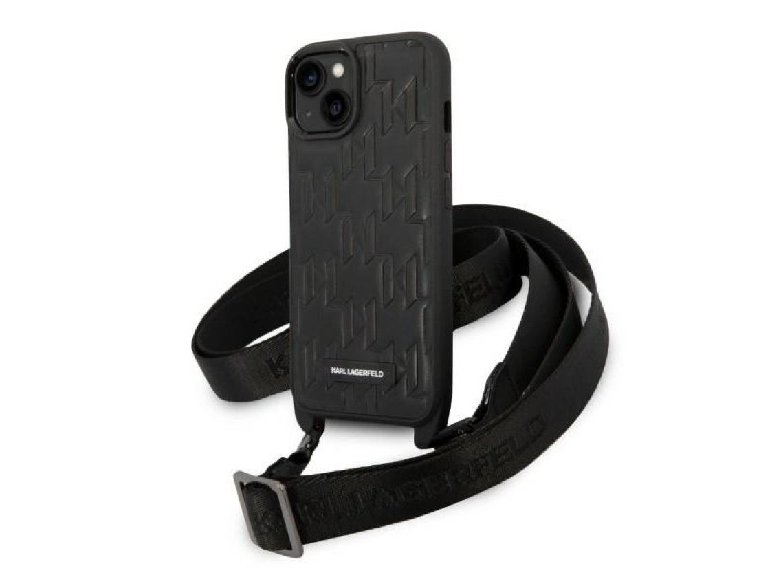 Funda con correa y placa con el logotipo de Karl Lagerfeld para iPhone 14 / 15 / 13 de 6,1" - Negra