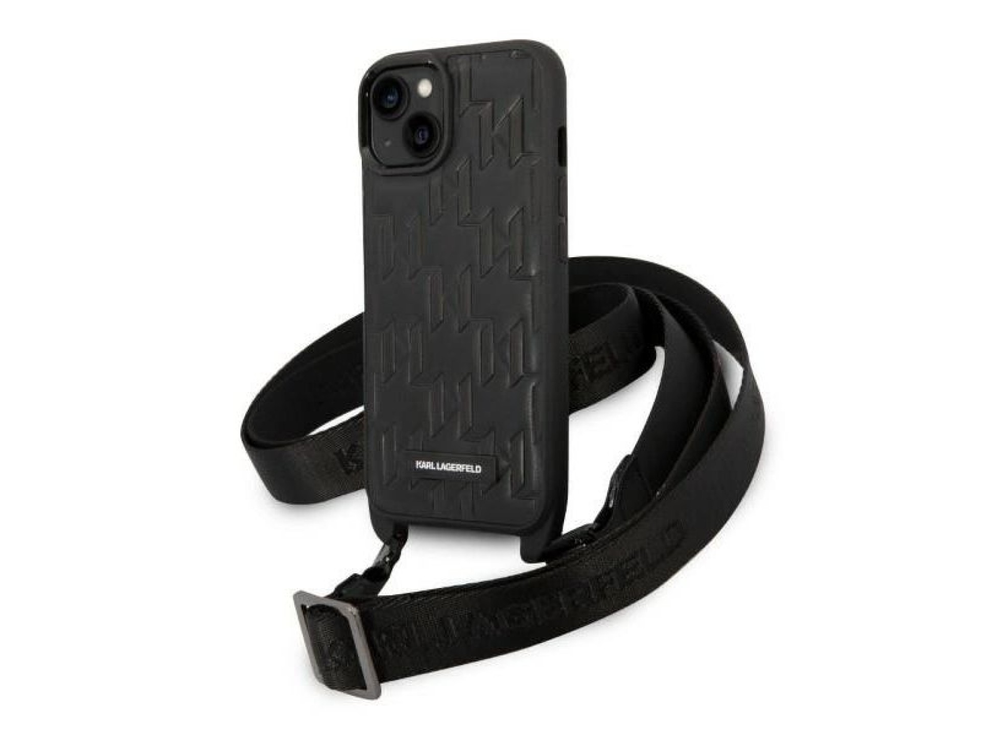 Funda con correa y placa con el logotipo de Karl Lagerfeld para iPhone 14 / 15 / 13 de 6,1