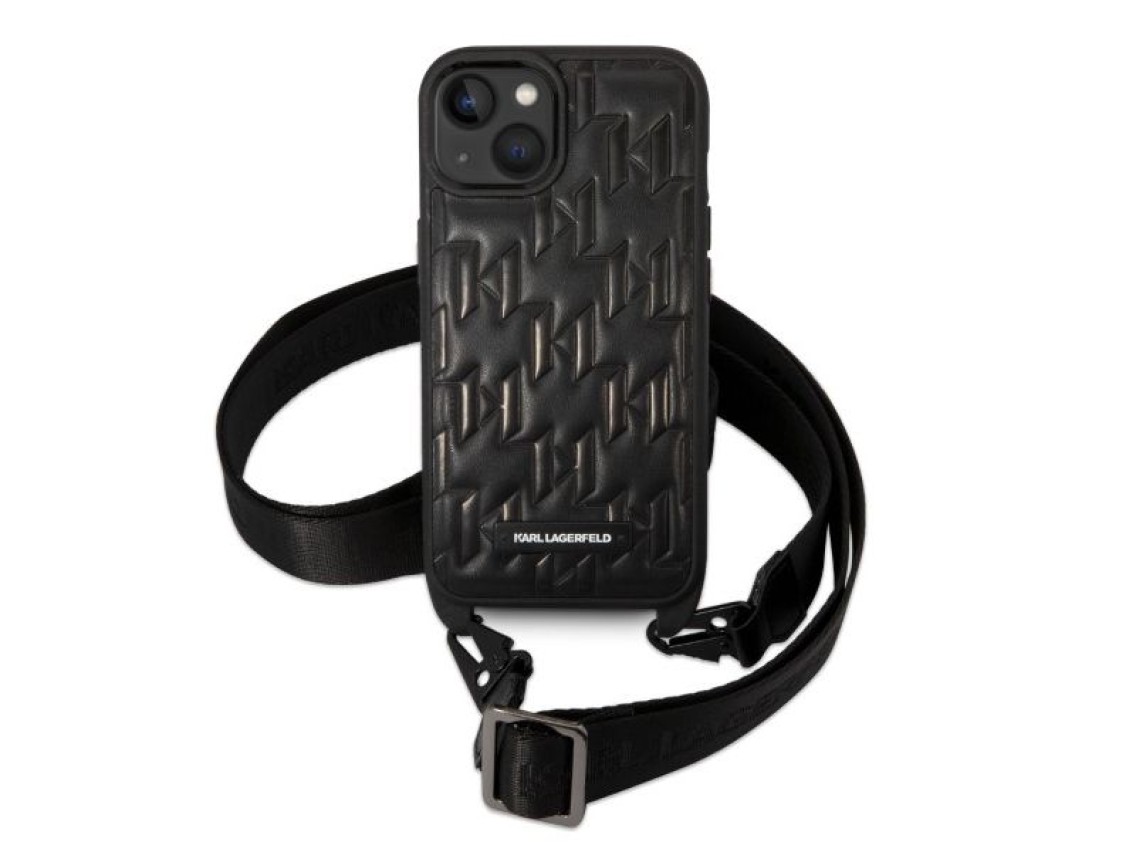 Funda con correa y placa con el logotipo de Karl Lagerfeld para iPhone 14 / 15 / 13 de 6,1" - Negra