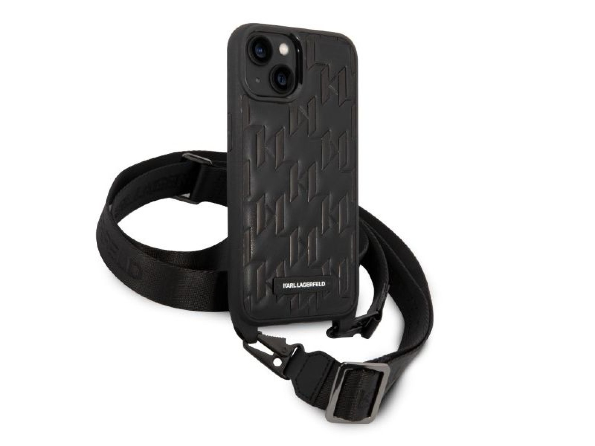 Funda con correa y placa con el logotipo de Karl Lagerfeld para iPhone 14 / 15 / 13 de 6,1