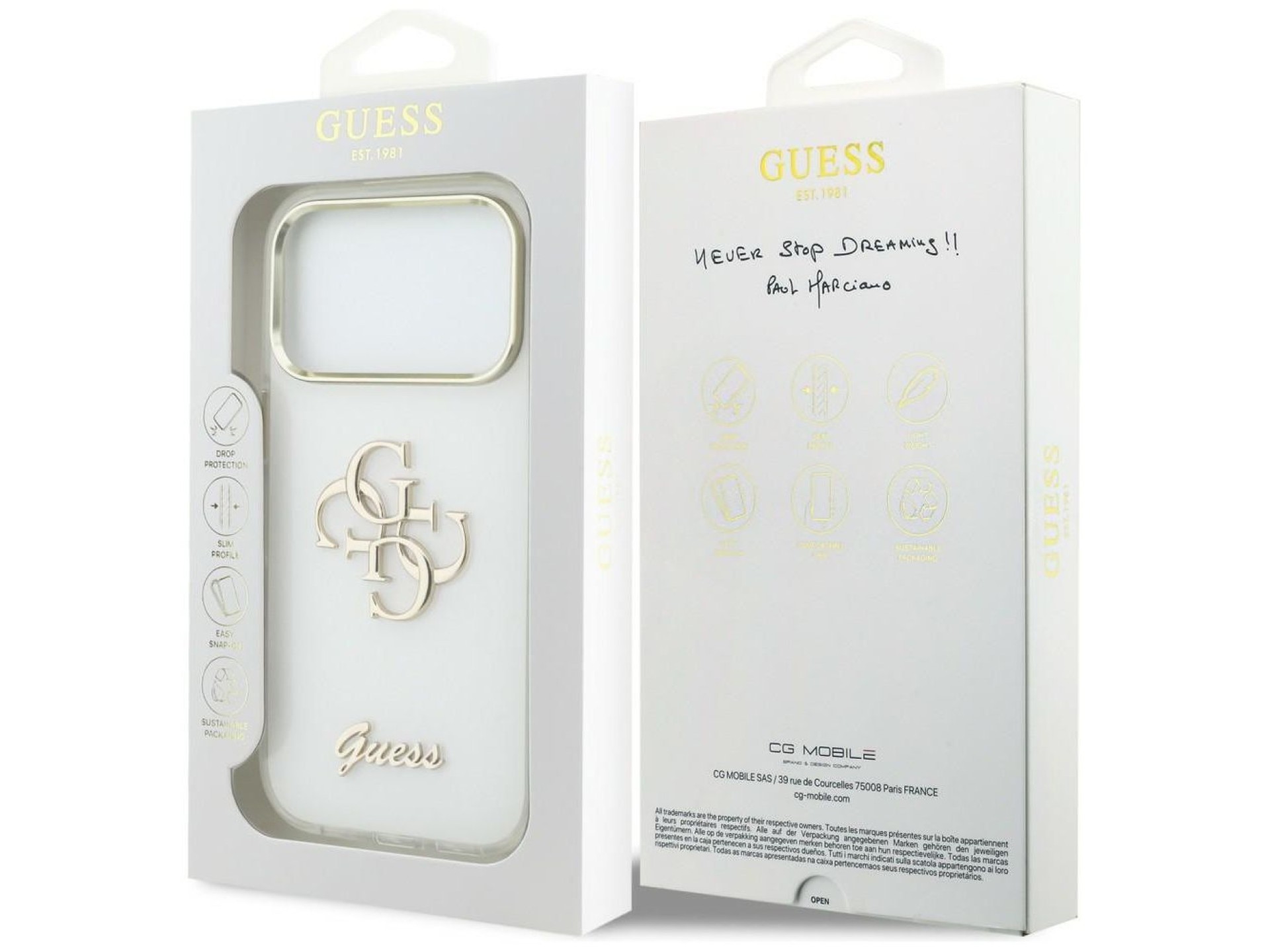 Capa metálica Guess IML 4G Script para iPhone 17 Pro - Branca