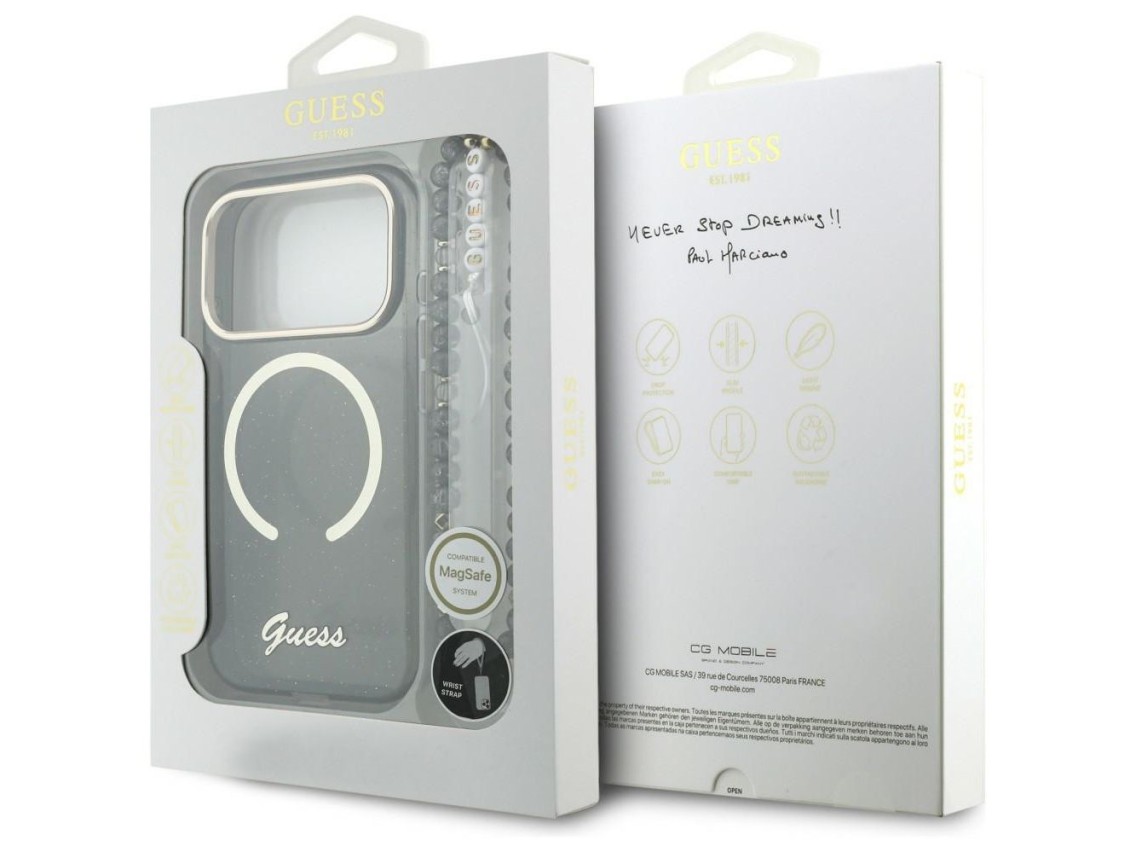 Funda Guess IML Glitters Script Strap MagSafe para iPhone 17 Pro - Negra