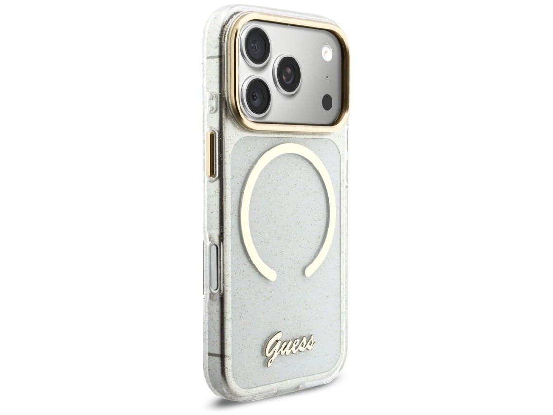 Funda Guess IML Glitters Script Strap MagSafe para iPhone 17 Pro - Transparente