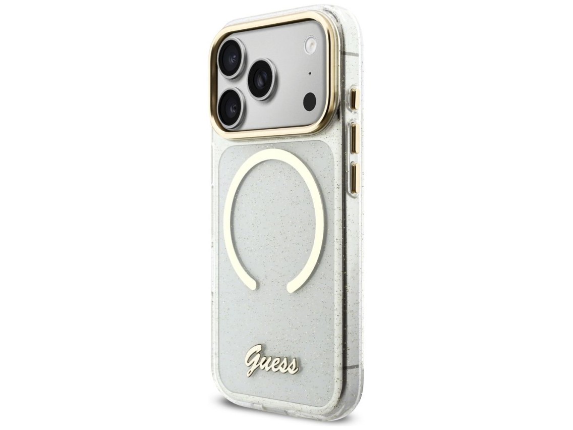 Funda Guess IML Glitters Script Strap MagSafe para iPhone 17 Pro - Transparente