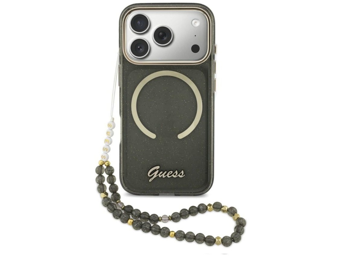 Funda Guess IML Glitters Script Strap MagSafe para iPhone 17 Pro - Negra