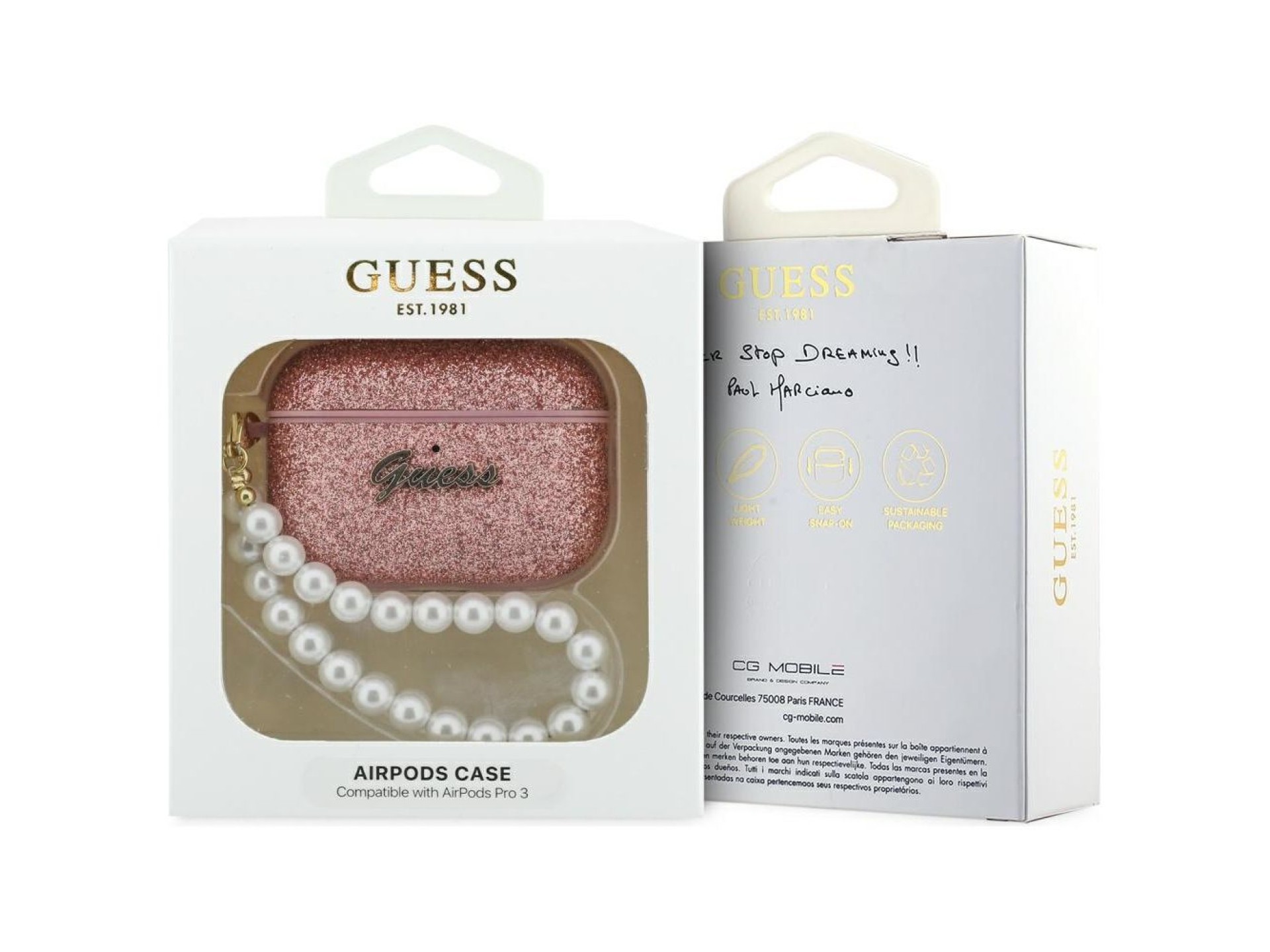 Capa com alça de pérolas brilhantes da Guess para AirPods Pro 3 - Rosa
