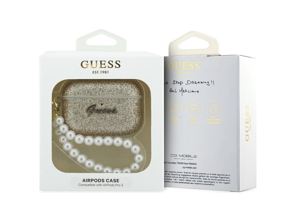 Funda Guess Glitter Pearl con correa para AirPods Pro 3 - Dorada
