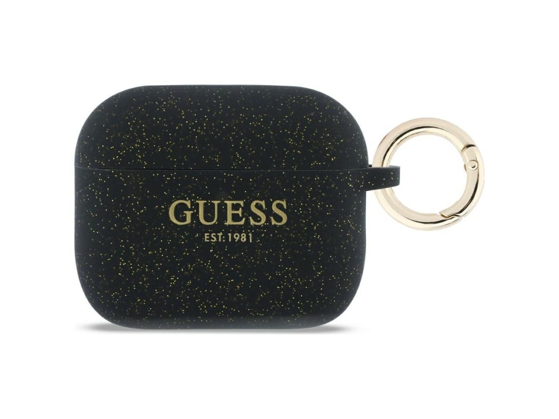 Funda de silicona con purpurina y anillo de Guess para AirPods Pro 3 - Negra