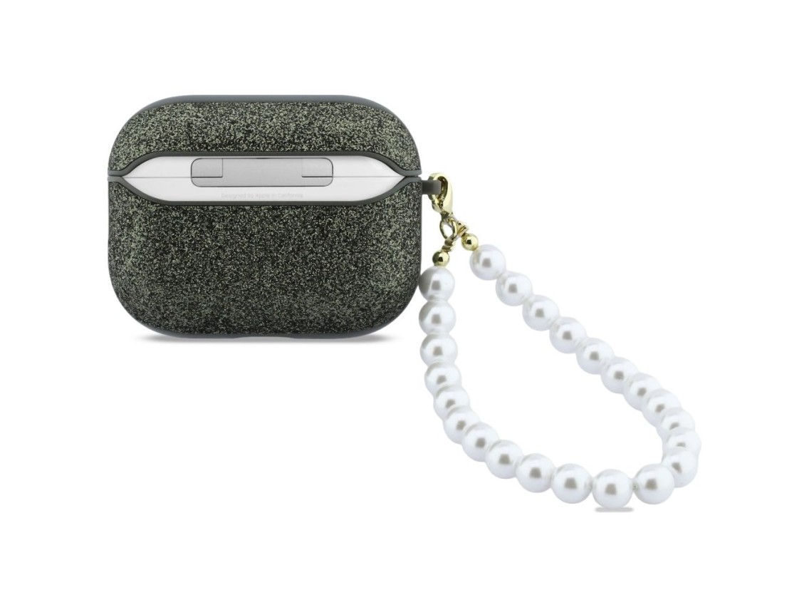 Funda Guess Glitter Pearl con correa para AirPods Pro 3 - Negra y brillante