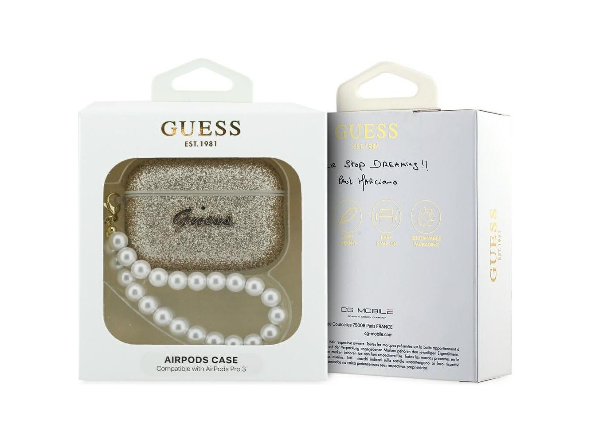 Funda Guess Glitter Pearl con correa para AirPods Pro 3 - Dorada