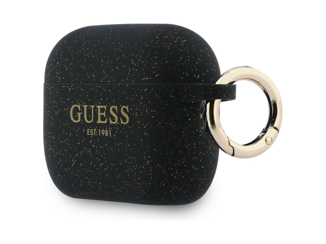 Funda de silicona con purpurina y anillo de Guess para AirPods Pro 3 - Negra