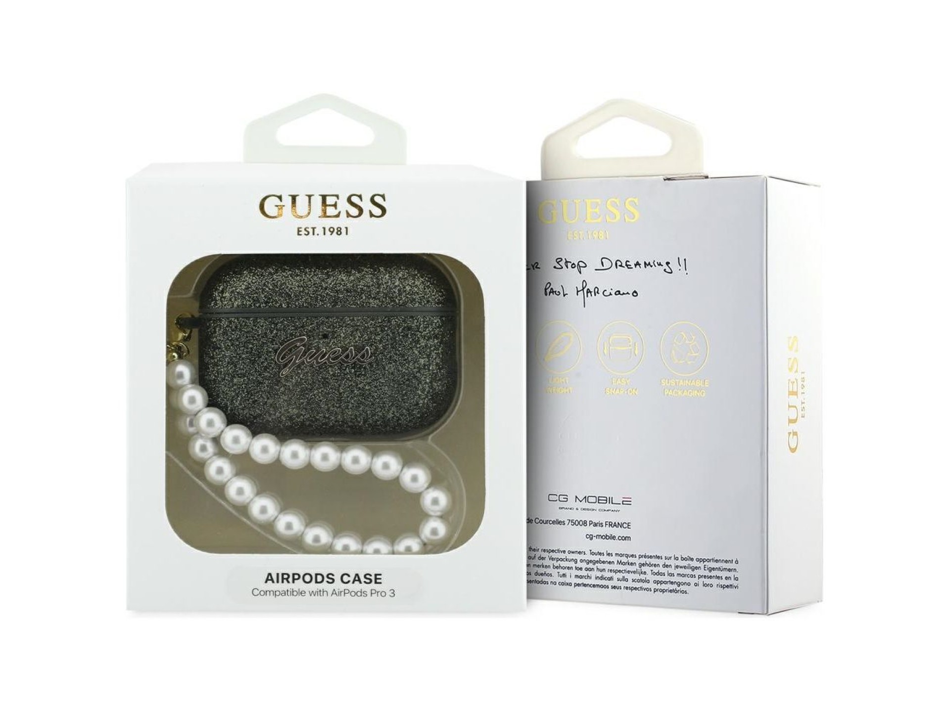 Funda Guess Glitter Pearl con correa para AirPods Pro 3 - Negra y brillante