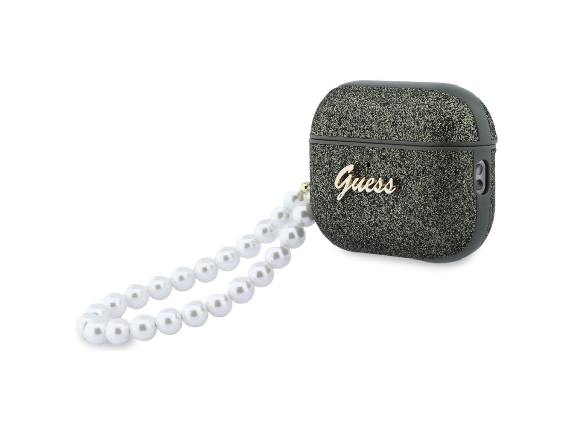Funda Guess Glitter Pearl con correa para AirPods Pro 3 - Negra y brillante