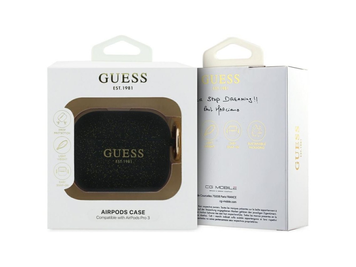 Funda de silicona con purpurina y anillo de Guess para AirPods Pro 3 - Negra