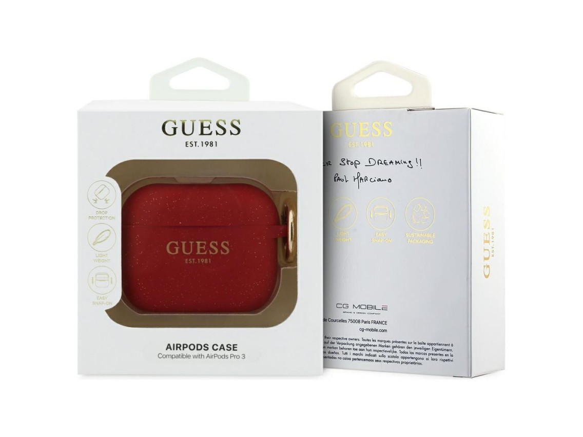 Guess Silicone Glitter Ring Case for AirPods Pro 3 - Red and Glitter
