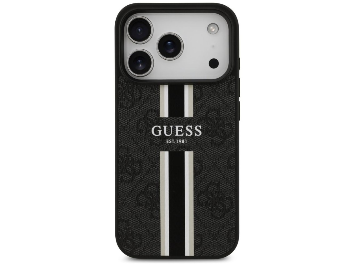 Capa Guess 4G com estampa de listras e MagSafe para iPhone 17 Pro - preta