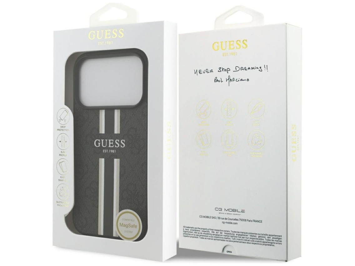 Capa Guess 4G com estampa de listras e MagSafe para iPhone 17 Pro - preta