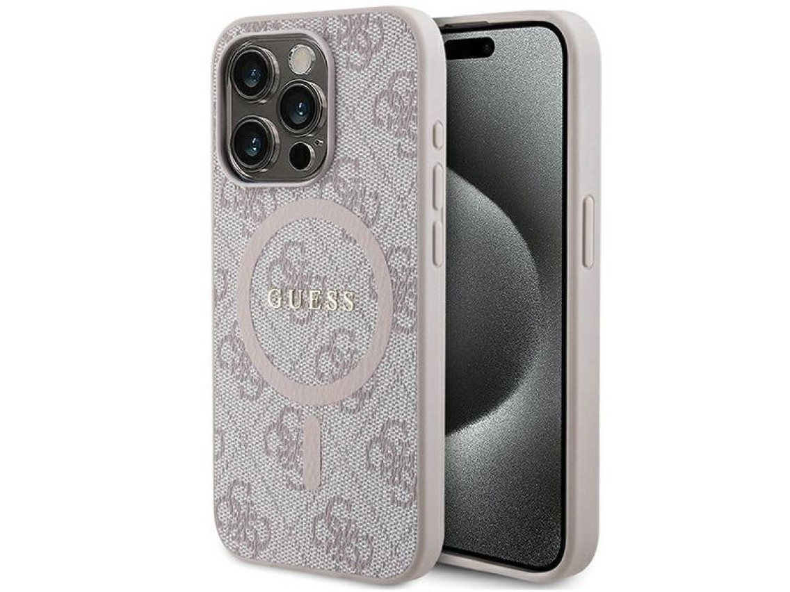 Guess 4G Collection Leather Metal Logo MagSafe Case for iPhone 15 Pro Max - Pink