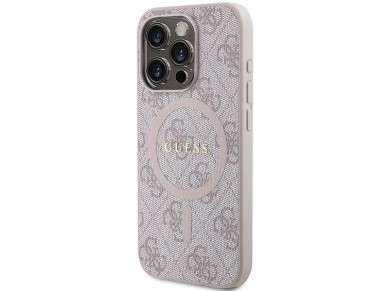 Capa Guess 4G Collection em couro com logo met�lico e MagSafe para iPhone 15 Pro Max - Rosa