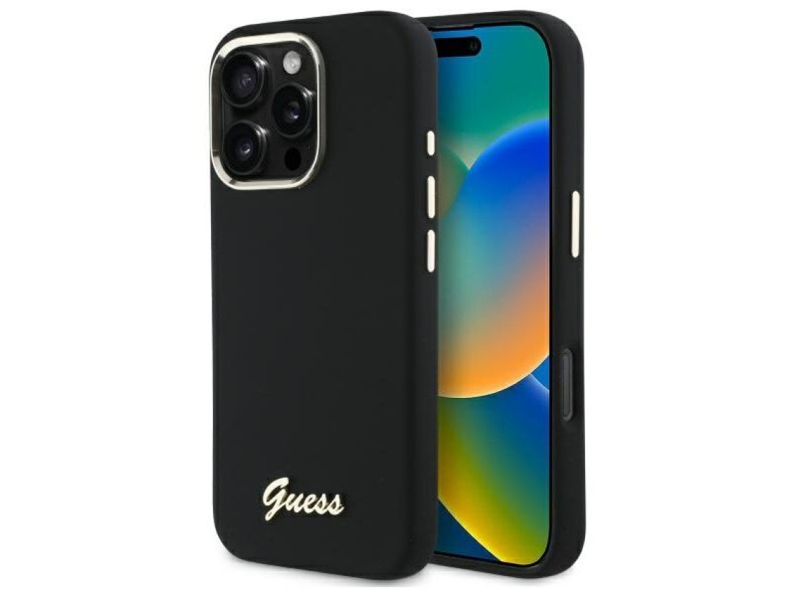Guess Silicone Script Metal Logo & Frame Case for iPhone 16 Pro Max - Black