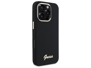 Capa Guess de silicone com logo e moldura de metal para iPhone 16 Pro Max - Preta
