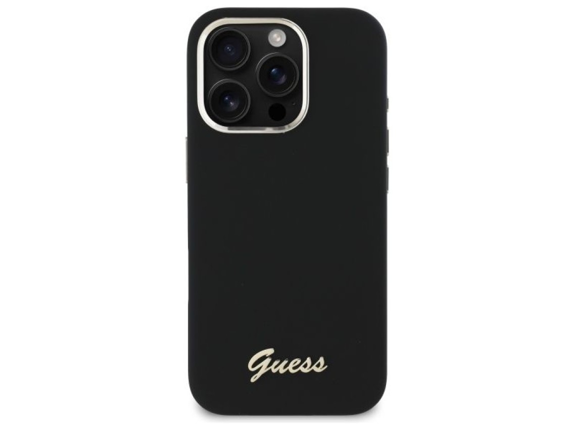 Guess Silicone Script Metal Logo & Frame Case for iPhone 16 Pro Max - Black