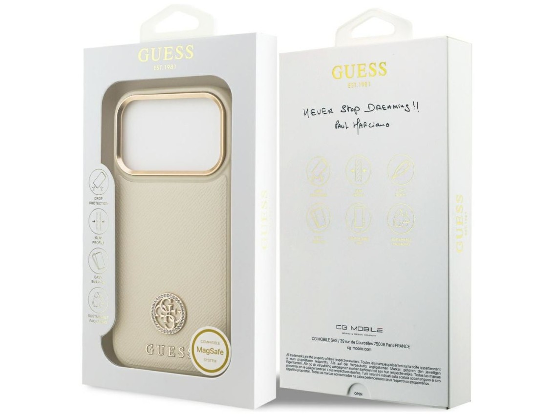 Capa Guess Granulada com Logo Strass e MagSafe para iPhone 17 Pro - bege