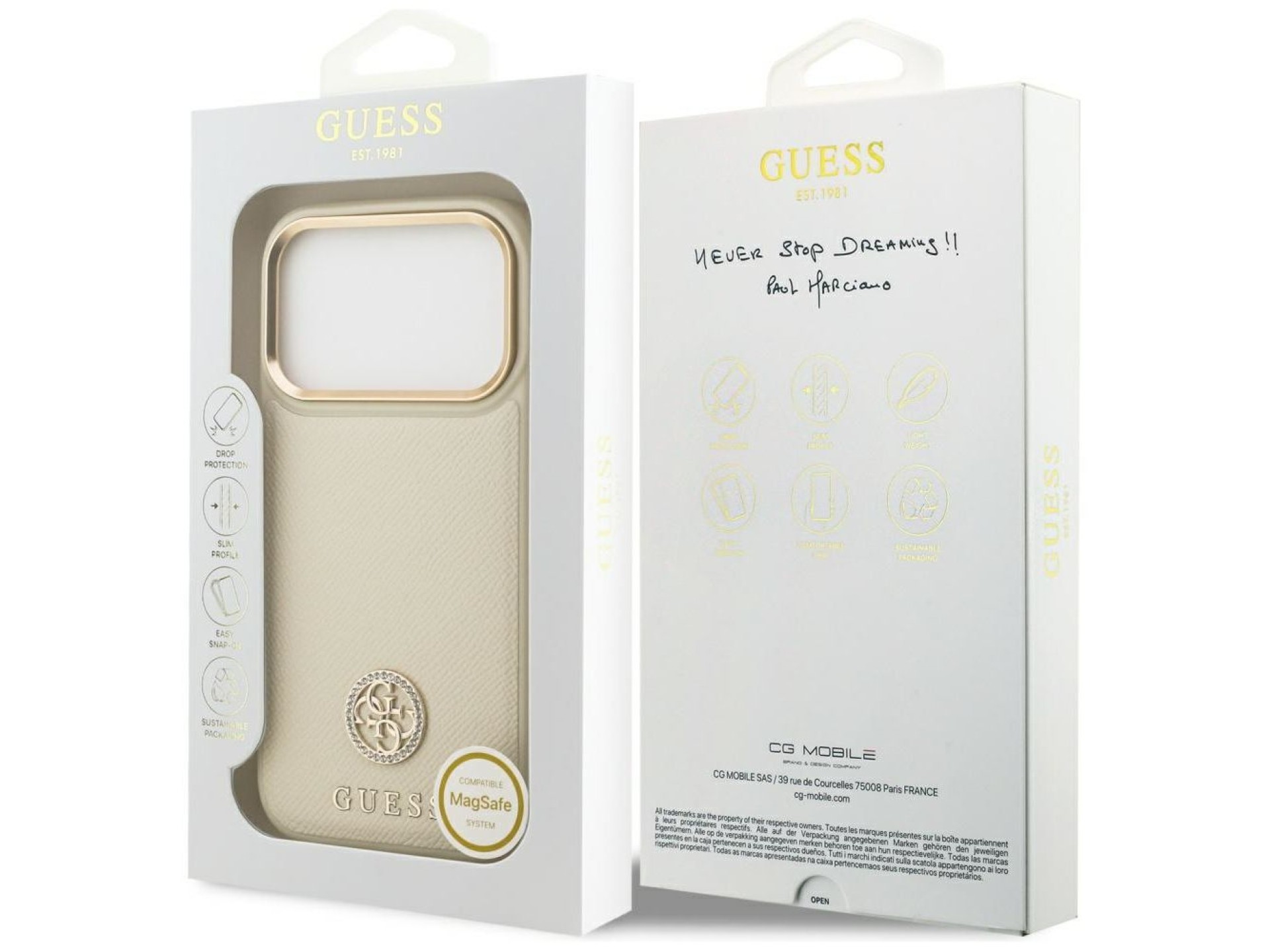 Capa Guess Granulada com Logo Strass e MagSafe para iPhone 17 Pro - bege
