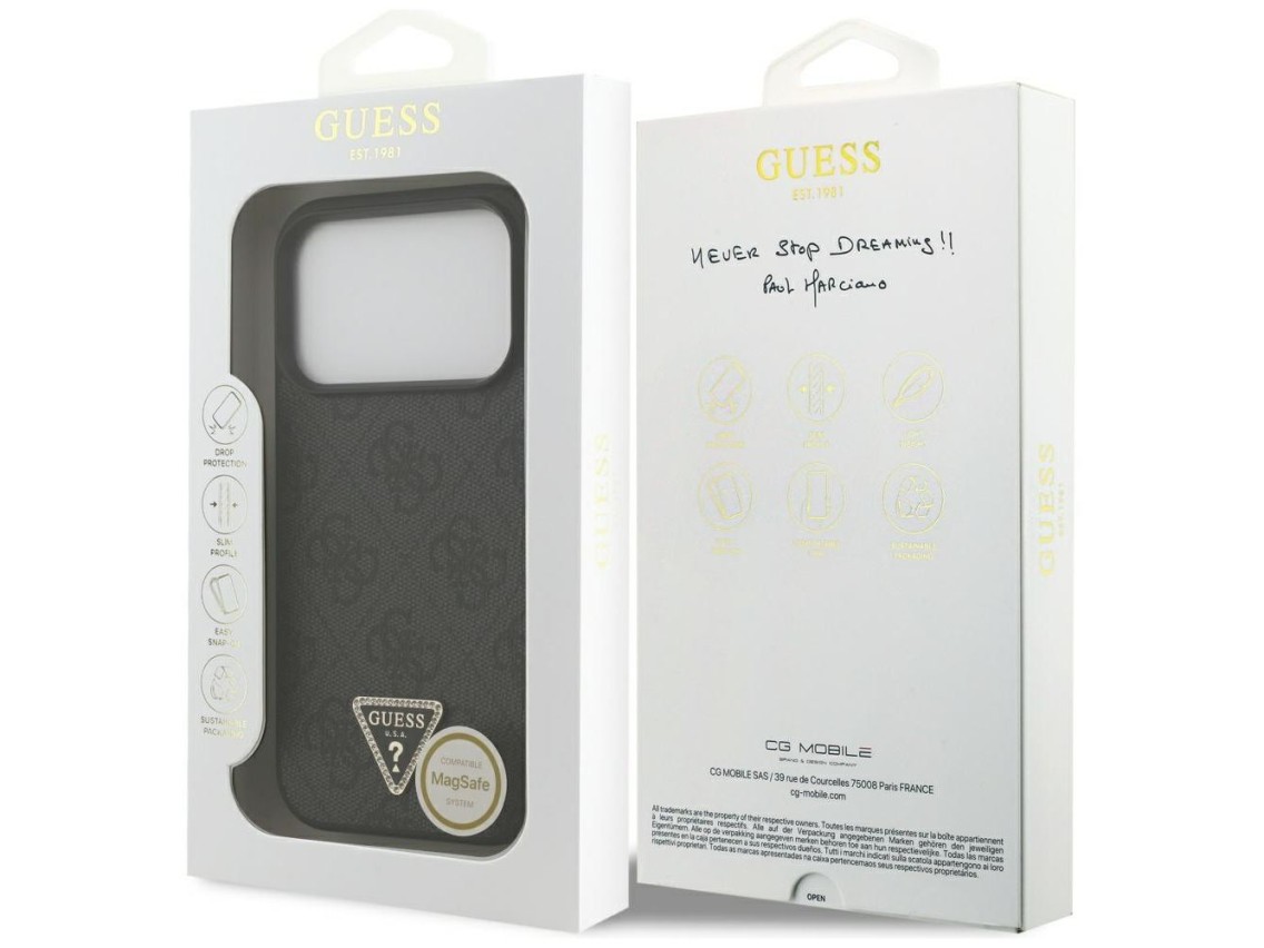 Funda Guess Leather 4G Triangle Strass MagSafe para iPhone 17 Pro - Negra