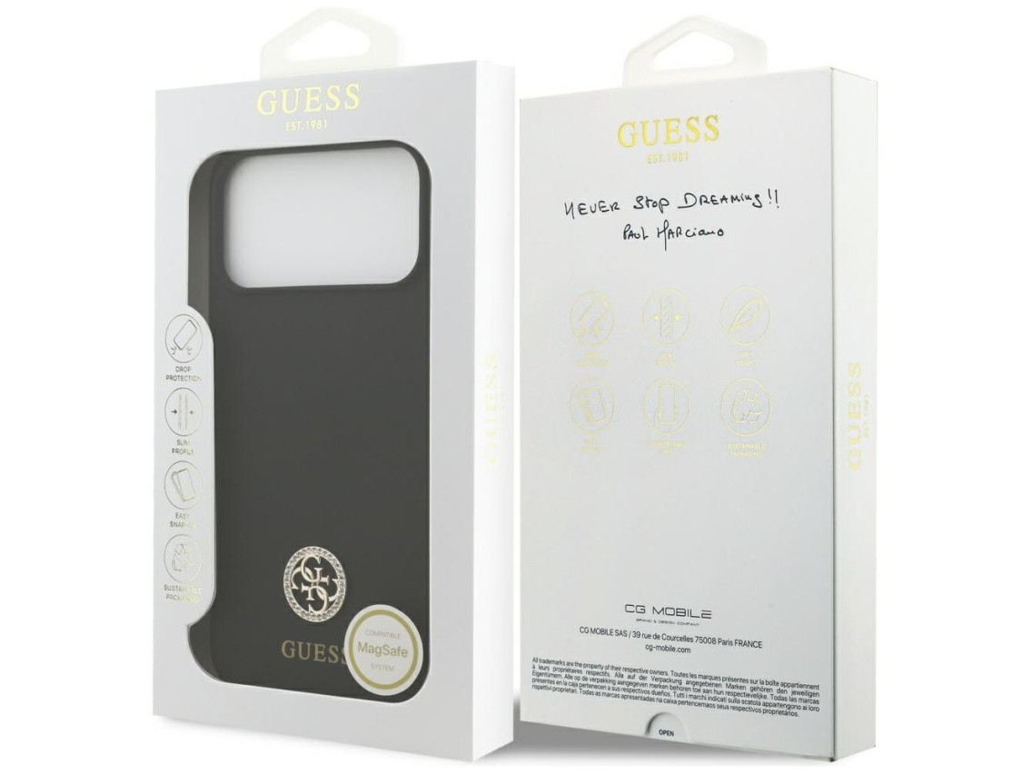 Capa Guess de silicone com logo Strass 4G MagSafe para iPhone 17 Pro Max - Preta