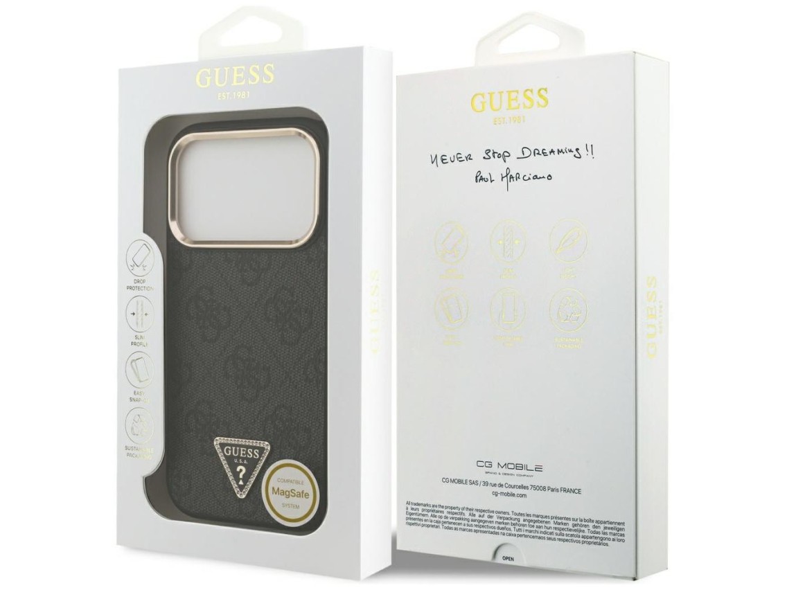Capa Guess 4G com logotipo triangular e MagSafe para iPhone 17 Pro - Preto e Dourado