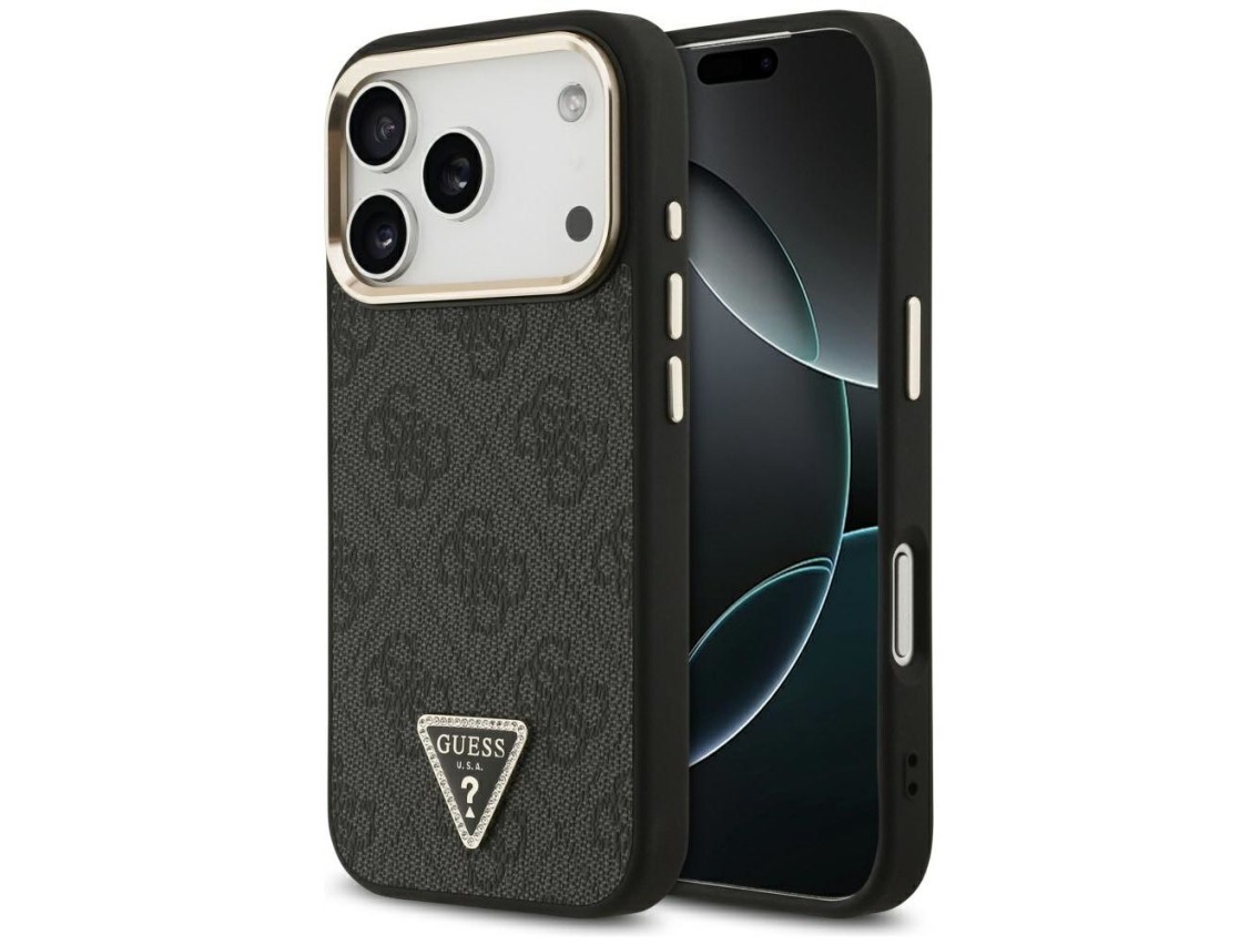Capa Guess 4G com logotipo triangular e MagSafe para iPhone 17 Pro - Preto e Dourado