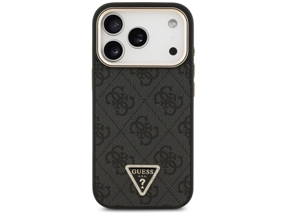 Capa Guess 4G com logotipo triangular e MagSafe para iPhone 17 Pro - Preto e Dourado
