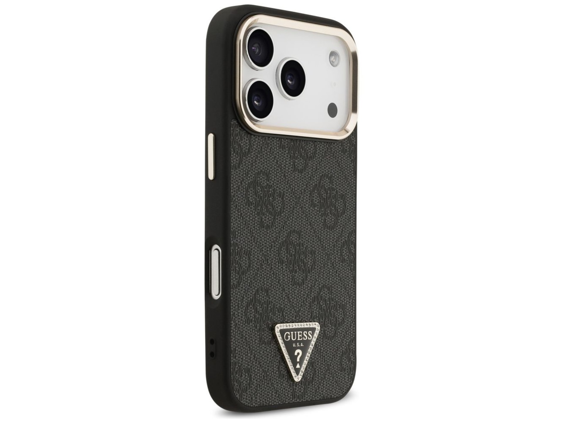 Capa Guess 4G com logotipo triangular e MagSafe para iPhone 17 Pro - Preto e Dourado