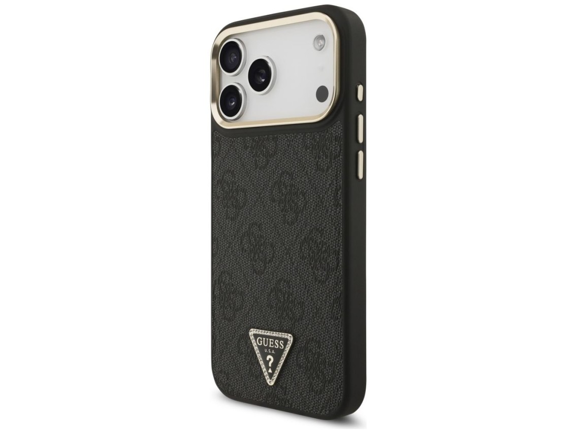 Capa Guess 4G com logotipo triangular e MagSafe para iPhone 17 Pro Max - Preto e Dourado