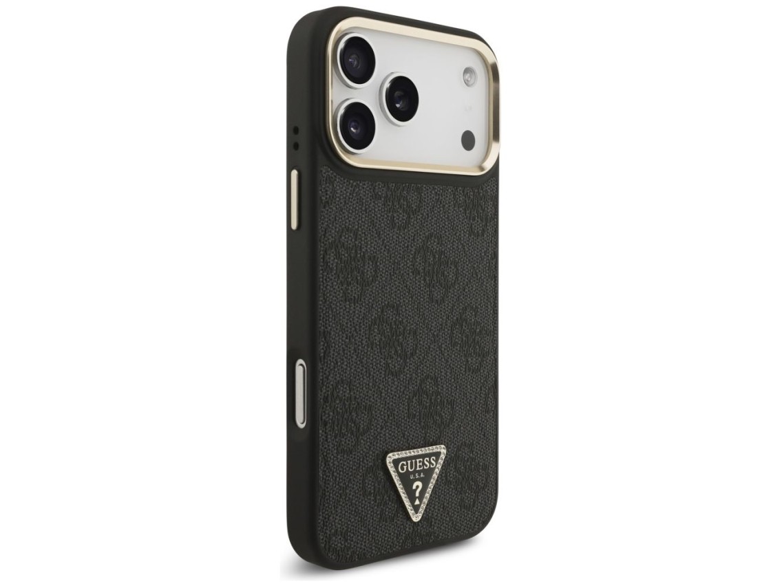 Capa Guess 4G com logotipo triangular e MagSafe para iPhone 17 Pro Max - Preto e Dourado