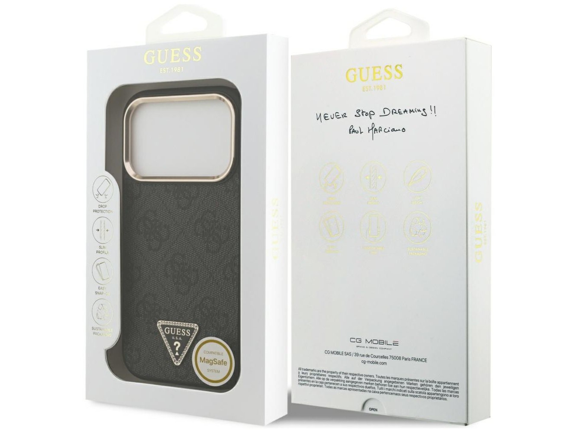Capa Guess 4G com logotipo triangular e MagSafe para iPhone 17 Pro - Preto e Dourado